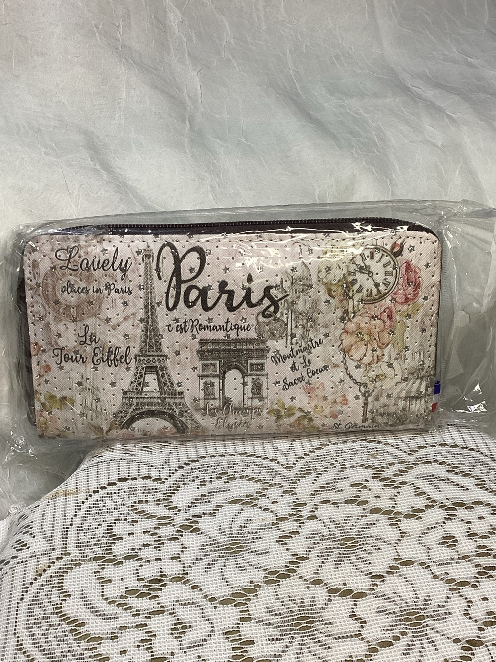 Paris Print Zip-Around Wallet in Beige and Brown with Pink Floral Accents NWT